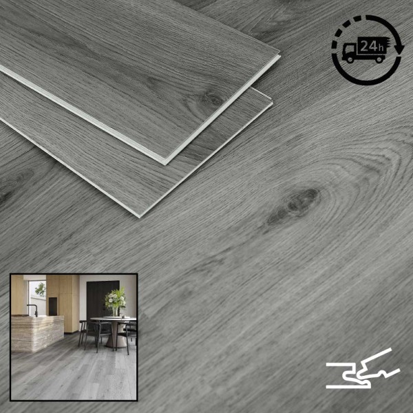 SPC Click Vinyl Tile Flooring (Grey Oak) with Built in Underlay per Sq M- Click Vinyl Tile Floors for Kitchen, Bathroom,  Living Room - LVT Rigid Core Stone Polymer Composite Waterproof Click Tonge & Groove Luxury Vinyl Tile Flooring Grey Oak