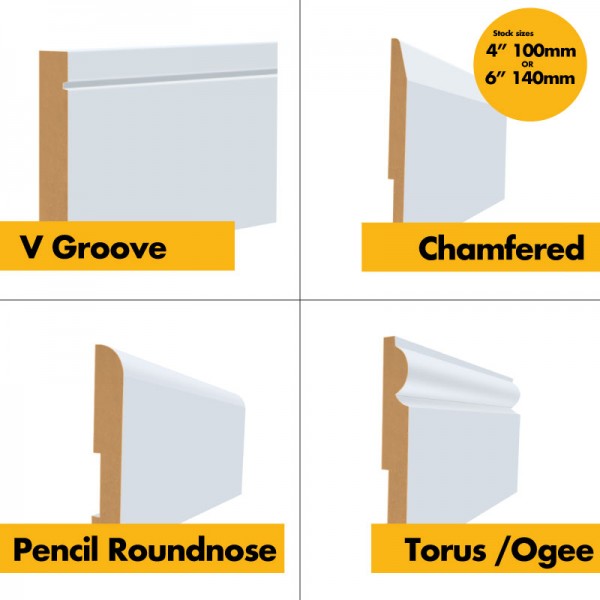 MDF Skirting Board per Metre - 4" / 5" / 6" V-Groove, Pencil Roundnose, Chamfered, Torus/Ogee 100mm / 120mm / 140mm / 150mm